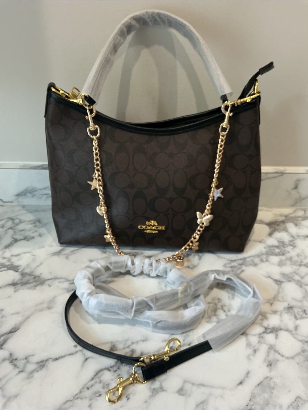 Coach Laurel Dark Brown Signature Canvas Shoulder Bag with Gold Chain Accents